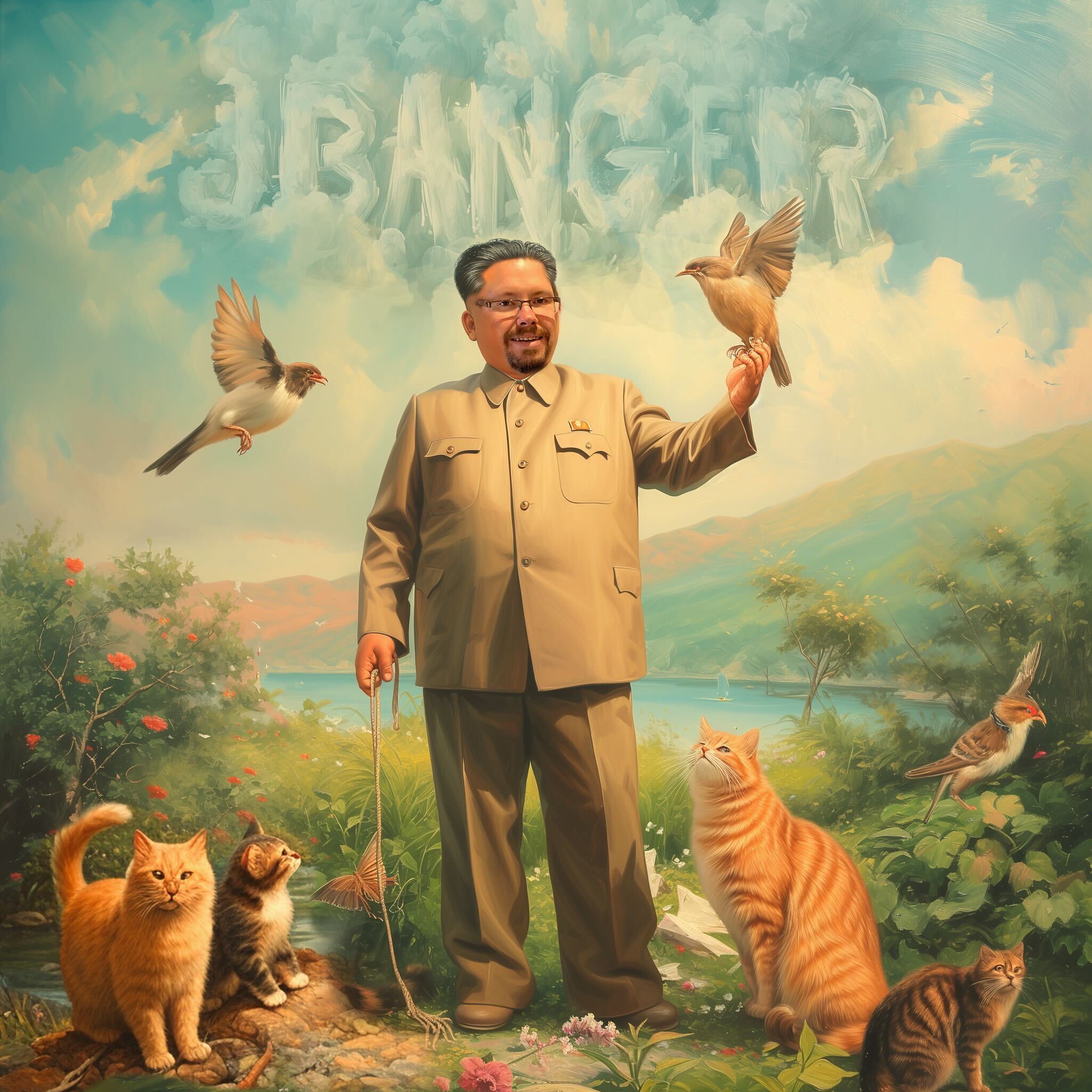 The JBanger sticker artwork: JBanger surrounded by birds and cats